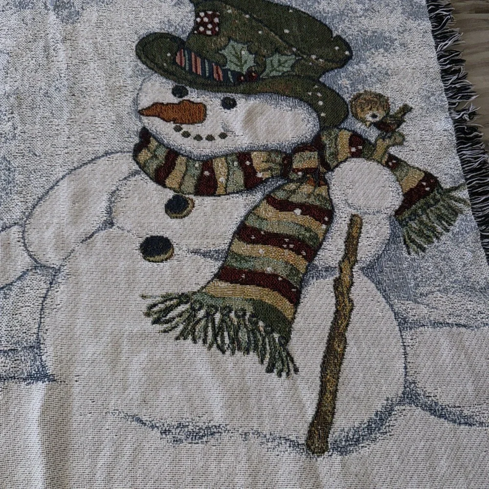 Christmas Winter Woven Tapestry Throw Snowman Fringe Woodland Creatures 52X47 In